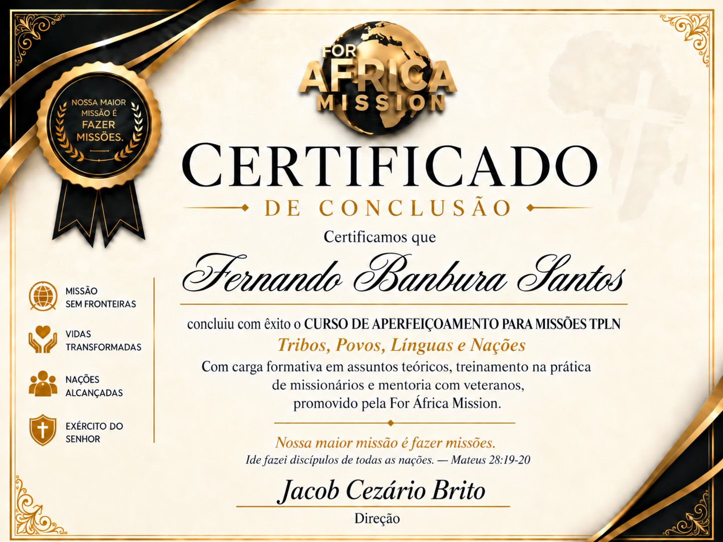 Certificado de conclusão do curso TPLN da For África Mission